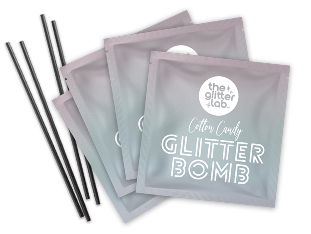 Blue cotton candy glitter bomb pouch for cocktails, mocktails